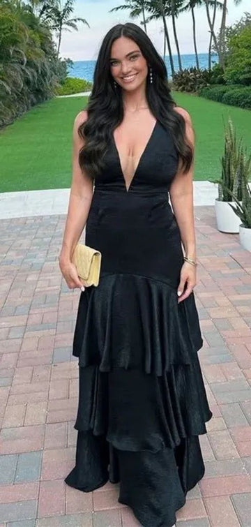 V-neck Sleeveless A-line Satin Ruffles Evening Prom Dresses SD1590